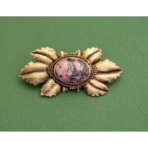 Vintage Mid Century Leaf Gold Tone Stone Brooch K13